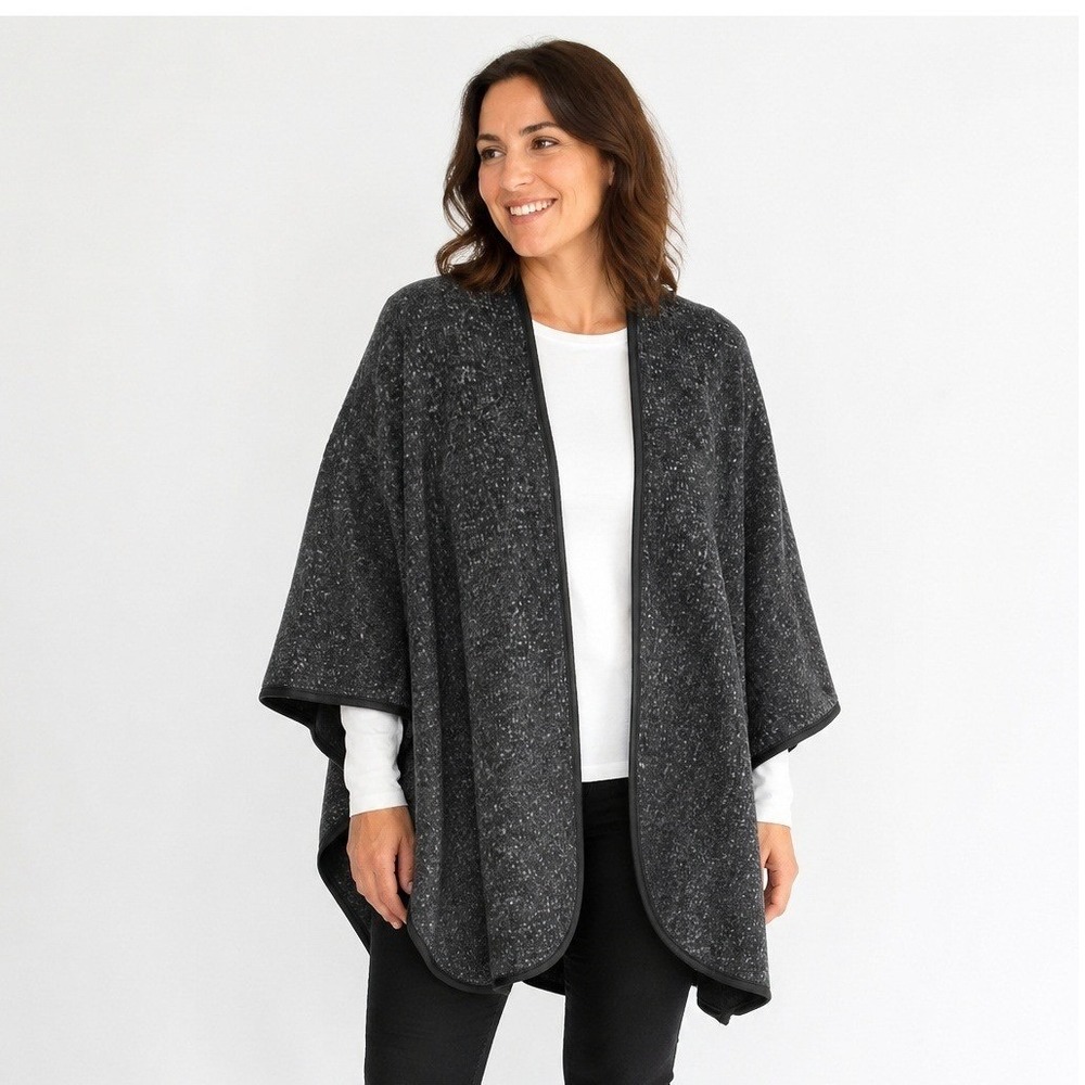 Ike Behar Women OS Poncho Wrap Shawl Cape Charcoal Gray Marl Fleece Trimmed